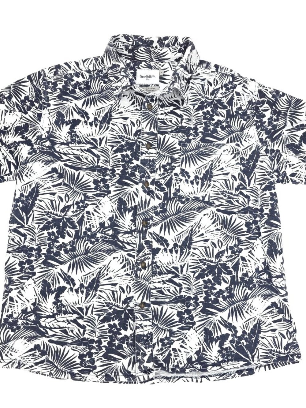 Goodfellow Button Shirt Men White Blue Standard Fit Palm Hawaiian 100% Cotton